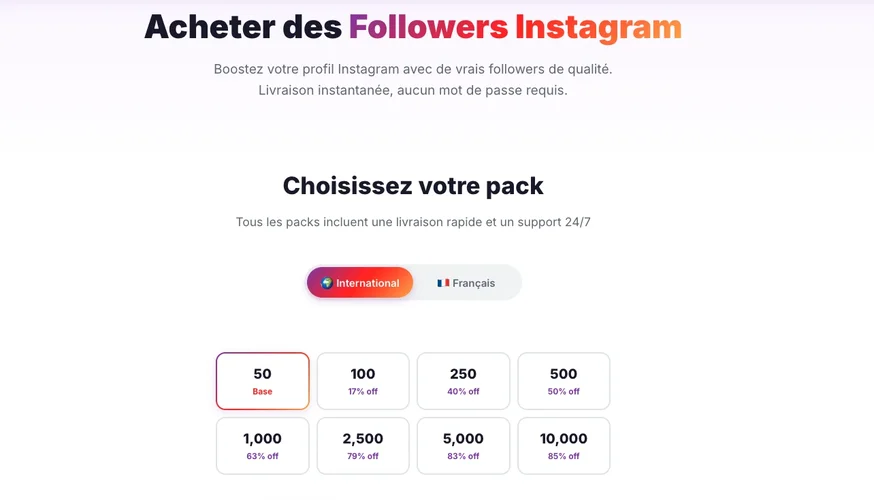 Packs de followers Instagram disponibles sur Followers Lab