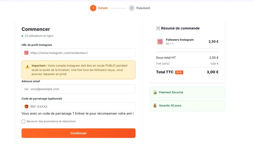 Processus de commande pour acheter followers Instagram