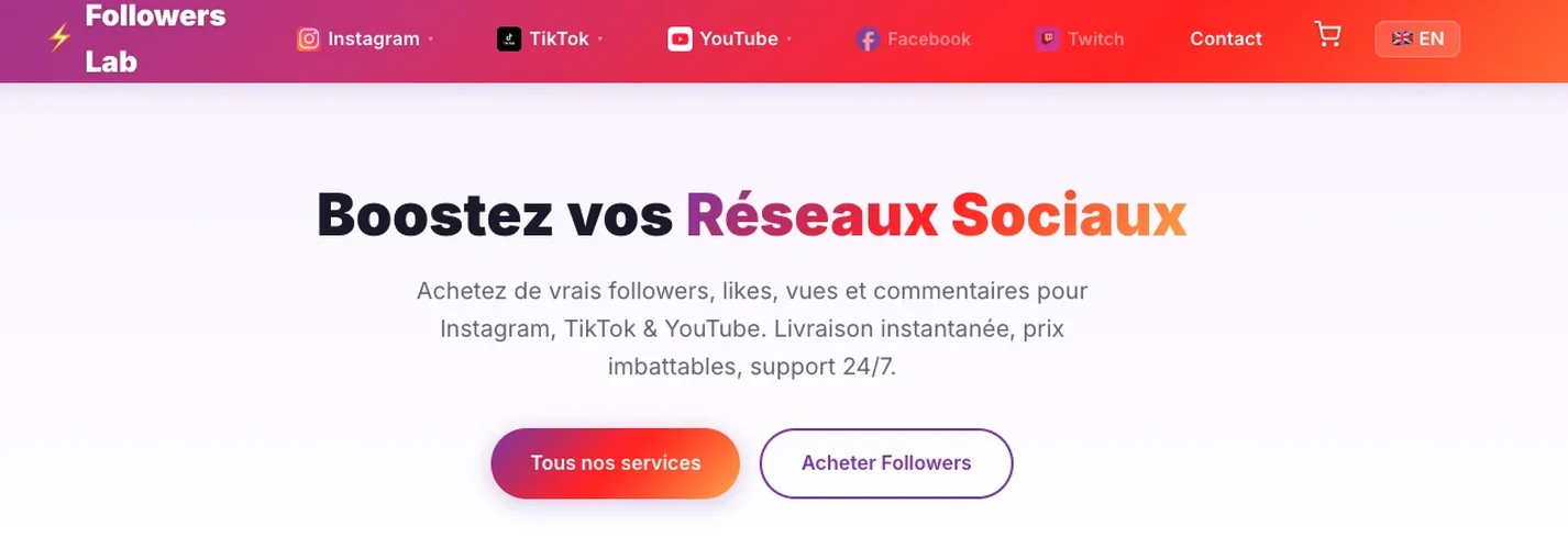 Page d'accueil Followers Lab pour acheter followers Instagram